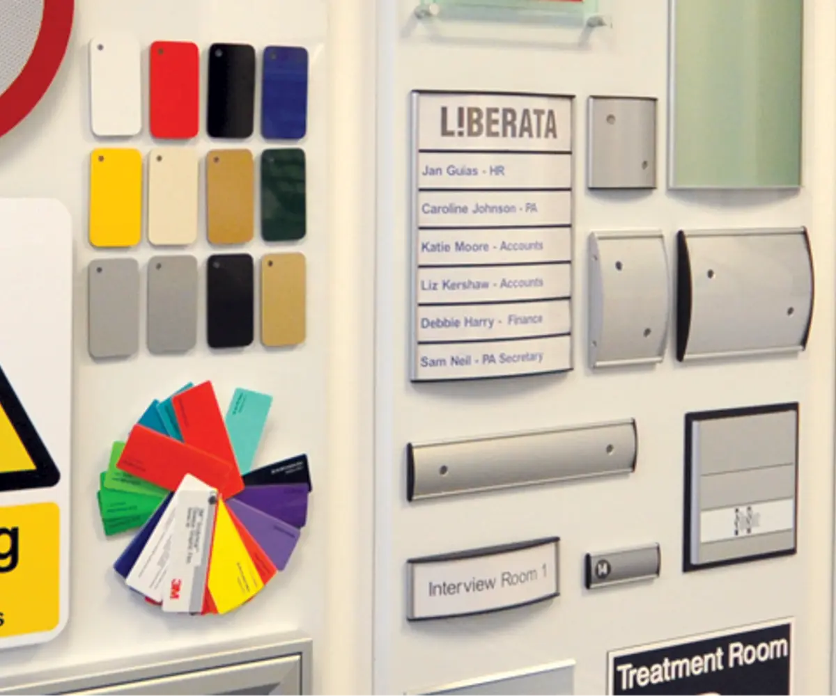 Photo showing many examples of signage and products